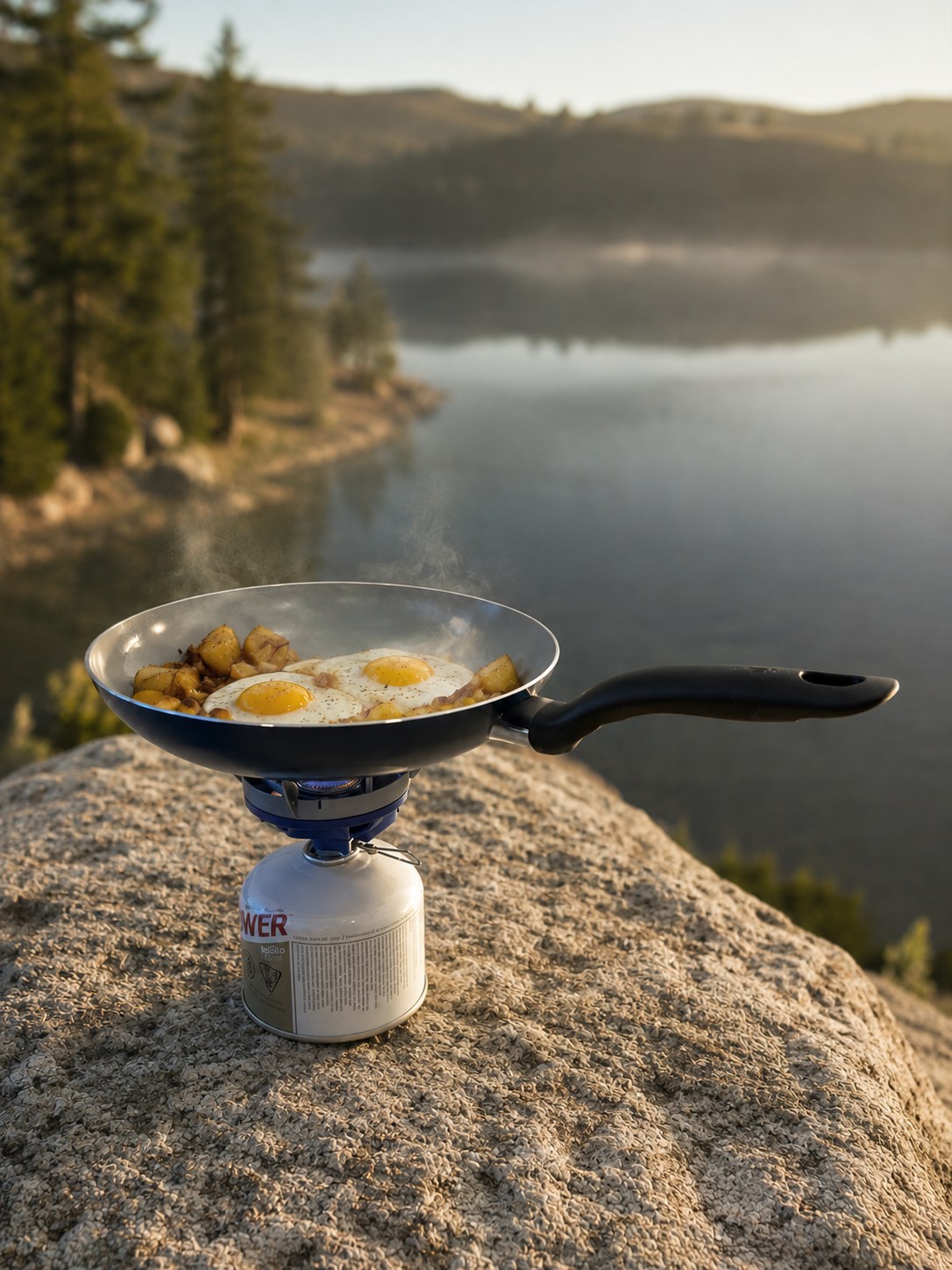 Coastal Range Backpacker burner supporting a frying pan cooking eggs and potatoes at a lakeside overlook.
