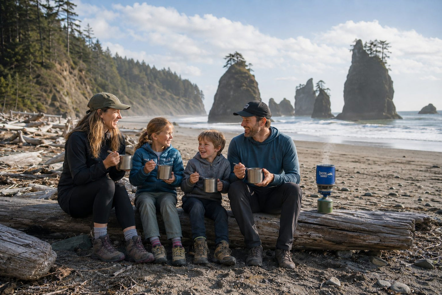 Family sharing a hot meal on the beach using The Backpacker integrated camping stove.