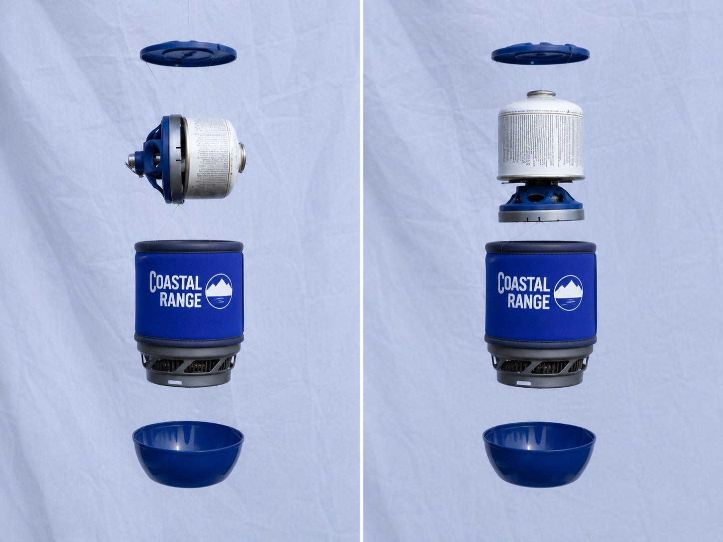 The Backpacker shown as exploded views: a 100 g canister configuration on the left and a 230 g canister configuration on the right.