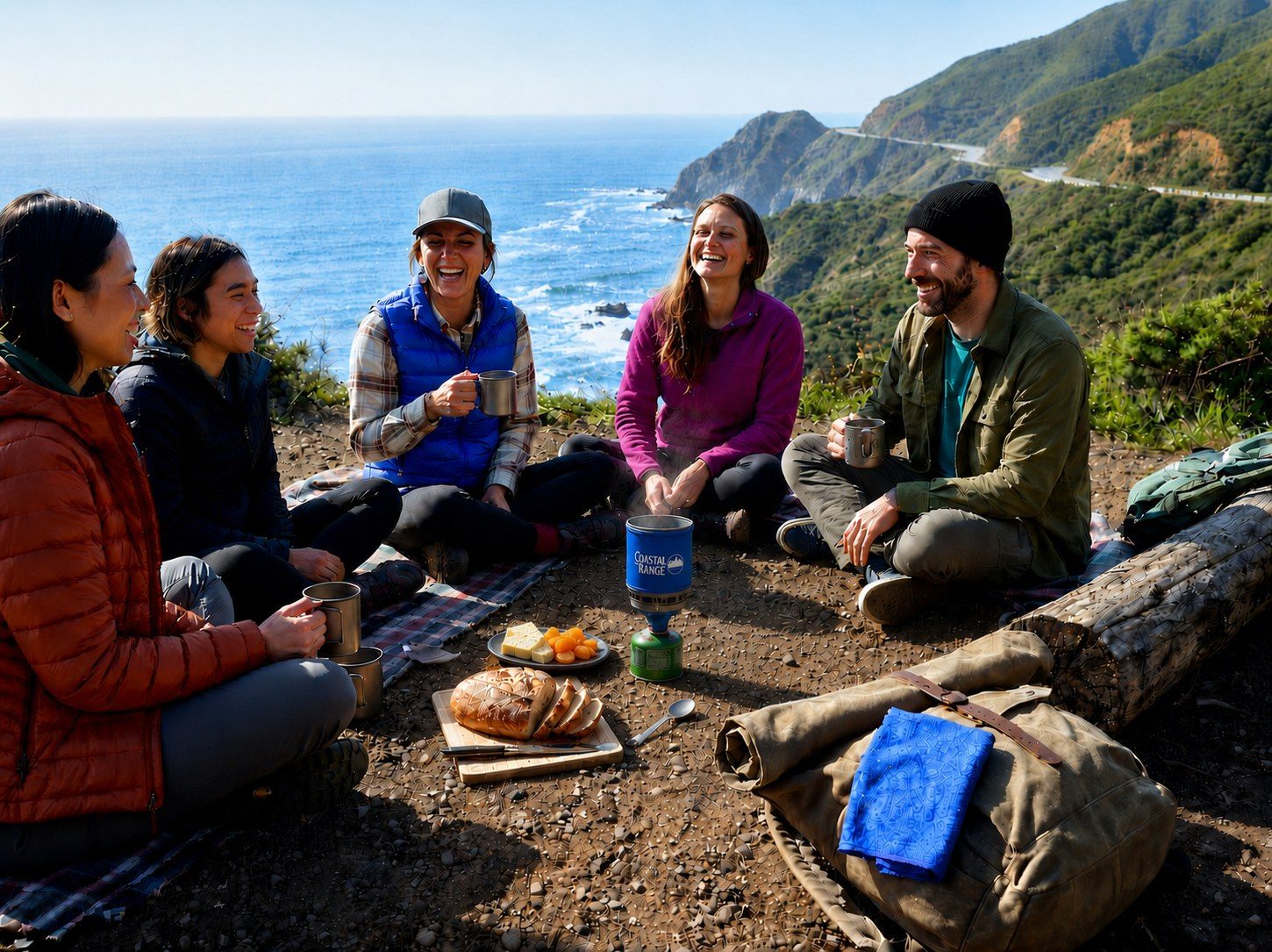 Friends sharing coffee around the Backpacker on the California coast