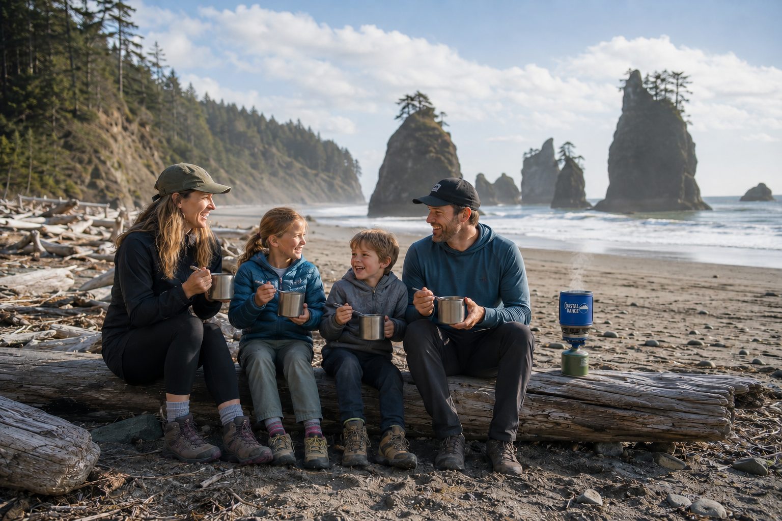 Family sharing a hot meal on the beach using The Backpacker integrated camping stove.