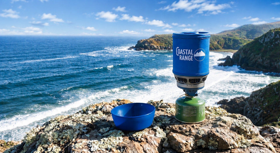 The Backpacker ultralight stove with 1.2 L pot and bowl on the coast