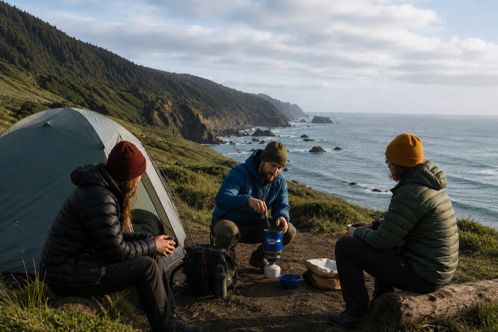 Three campers cooking with the Backpacker on a coastal bluff at golden hour