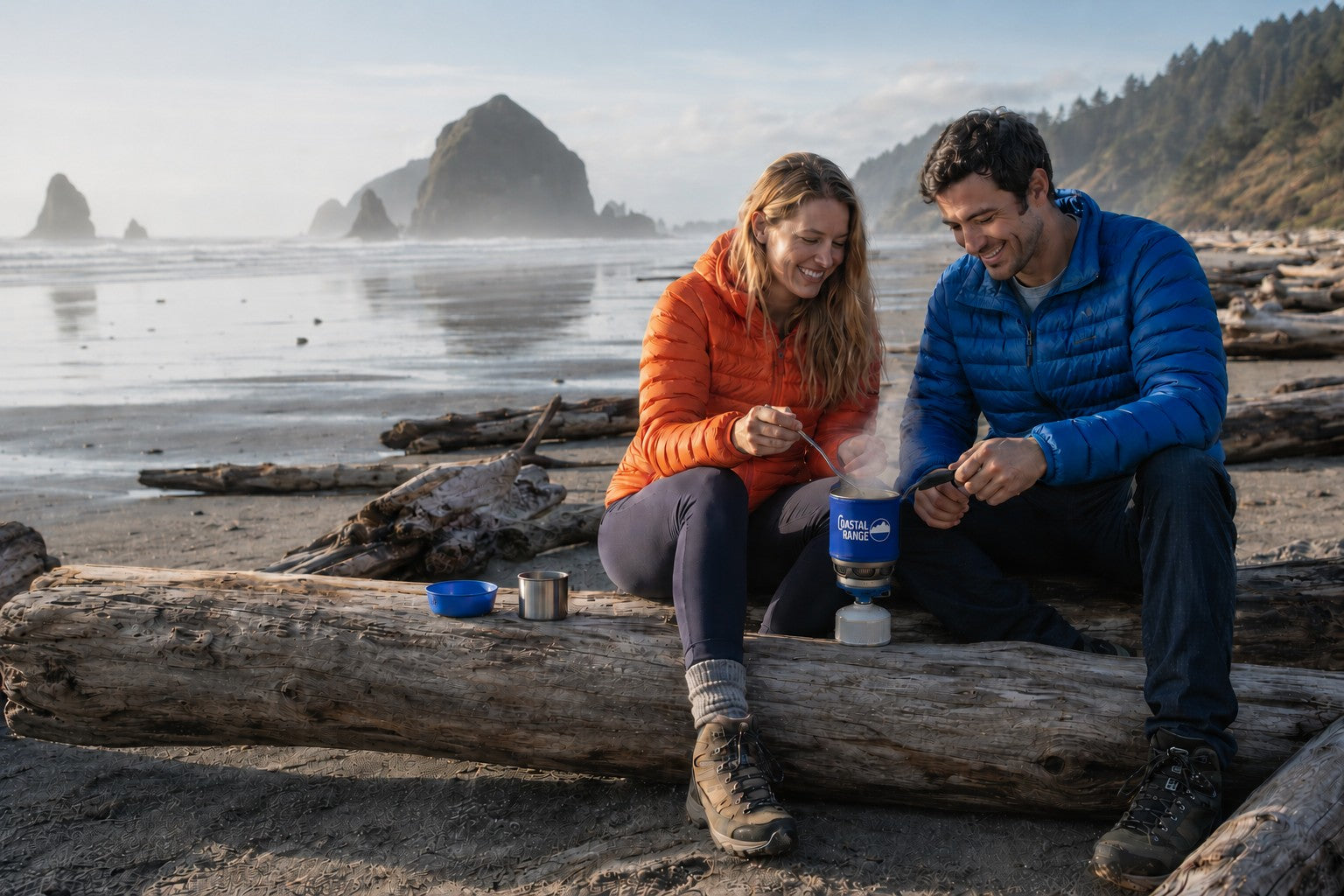 A couple cooking with the Backpacker on the Oregon coast where the mountains meet the sea