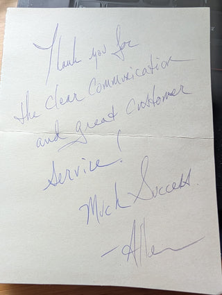 Handwritten thank-you note from a Coastal Range Backpacker customer