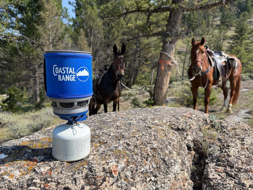 The Backpacker stove steaming with two saddled horses grazing in the background